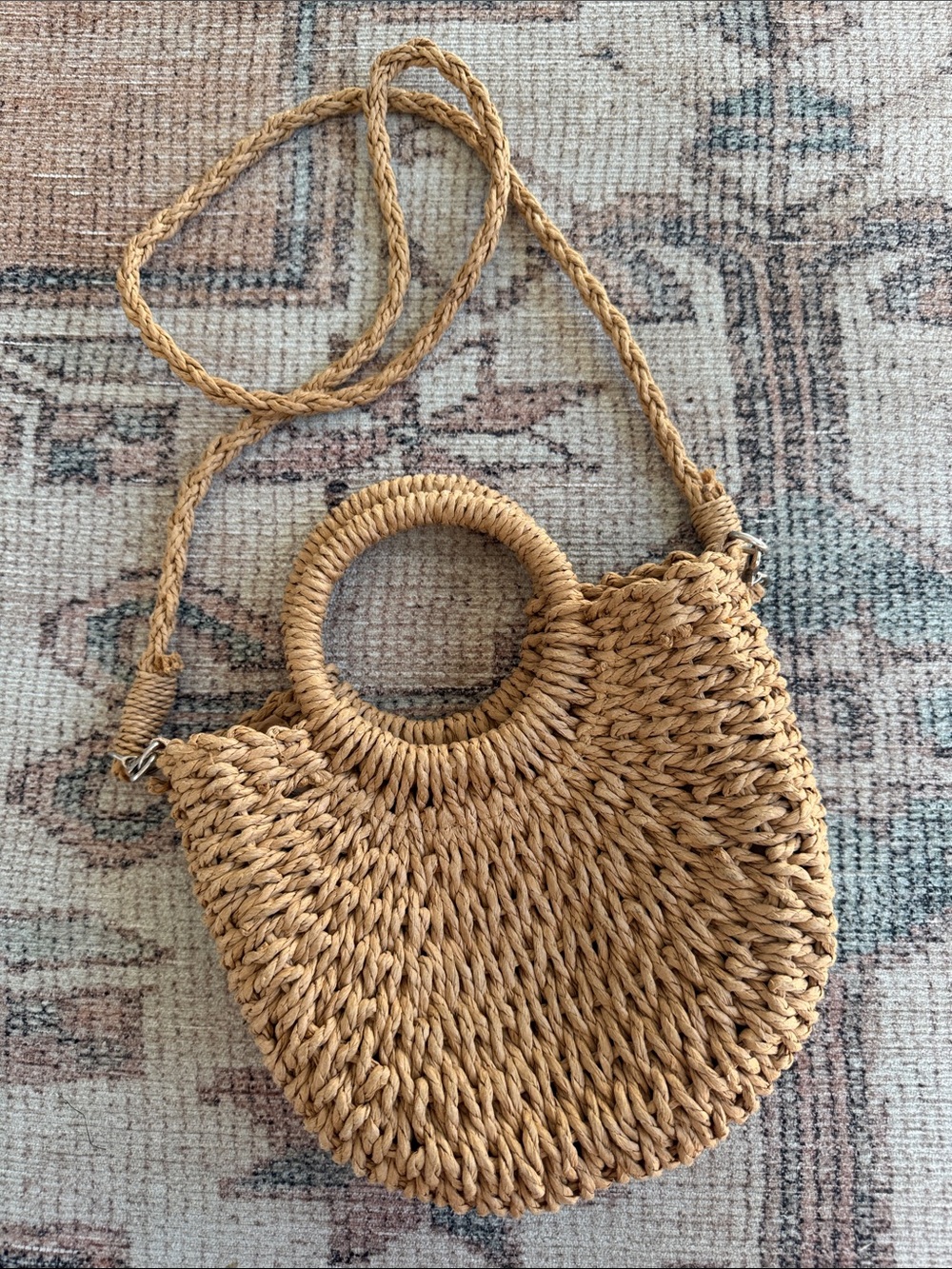 Woven Straw Circle Handle Crossbody Bag